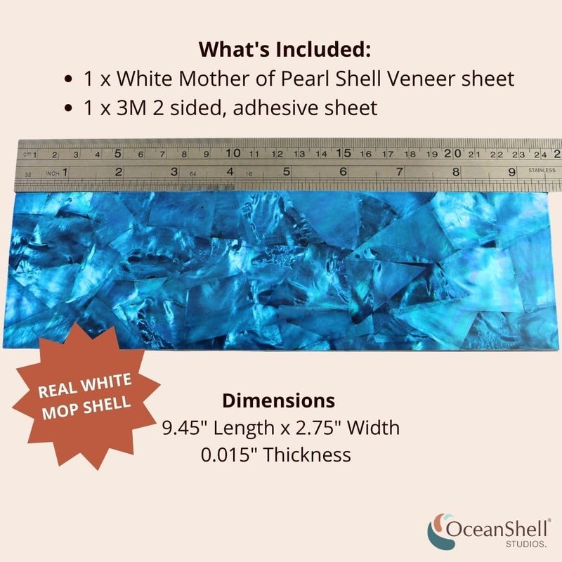 Ocean Shell Studios. Mother of Pearl Shell Inlay Veneer for DIY or Professional Inlay Embellishments - Sustainable New Zealand Cobalt Blue- with 3M Double Sided Tape Backing - 9.45"X2.75" - Image 2